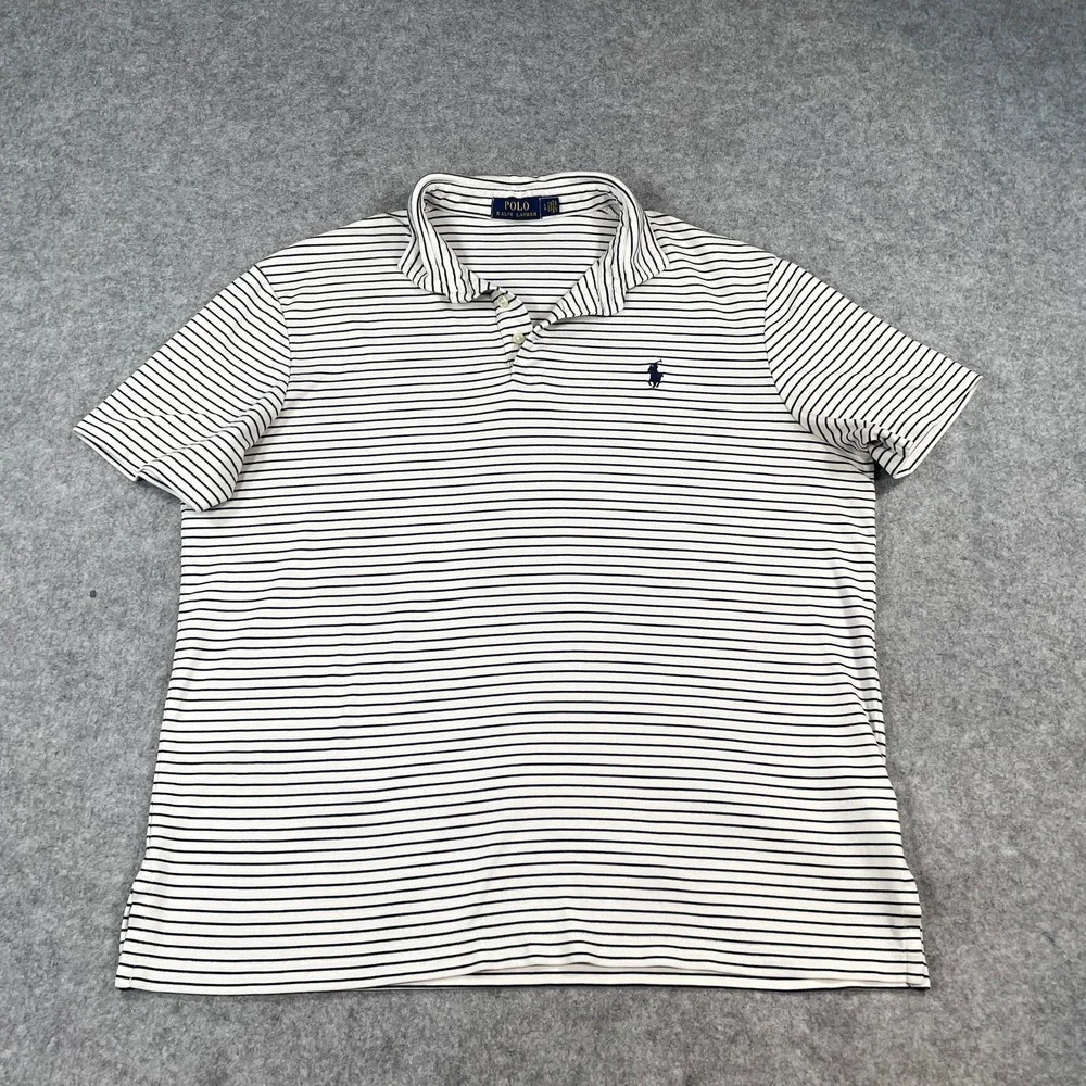 Polo Ralph Lauren Mens Polo Shirt Large Striped Short Sleeve White Navy Blue
